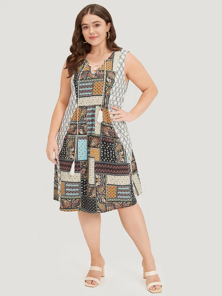 Boho Print Lace Up Ruffle Hem Tank Dress sold by Bloomchic product image thumbnail 5