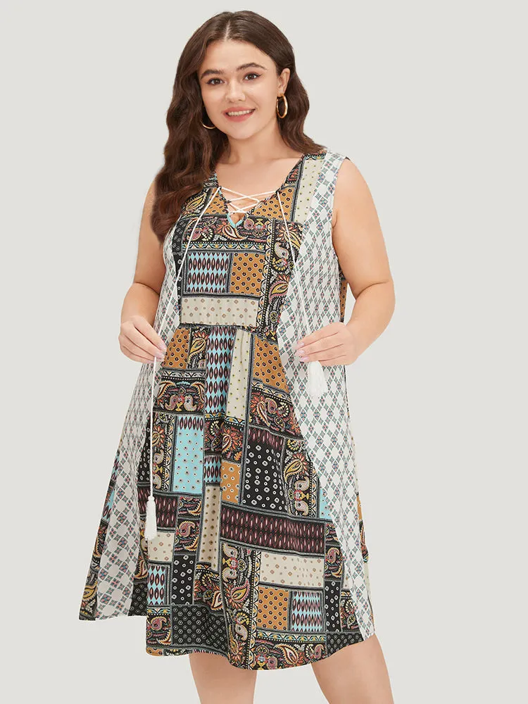 Boho Print Lace Up Ruffle Hem Tank Dress sold by Bloomchic product image thumbnail 3