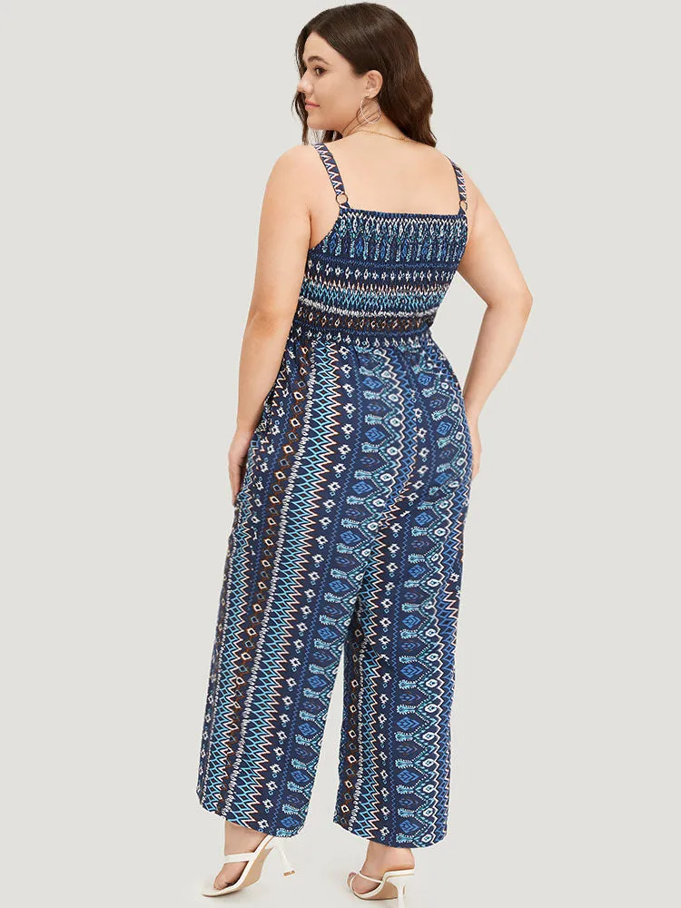 Boho Print Shirred Pocket Elastic Wais Ruffle Trim Cami Jumpsuit sold by Bloomchic product image thumbnail 5