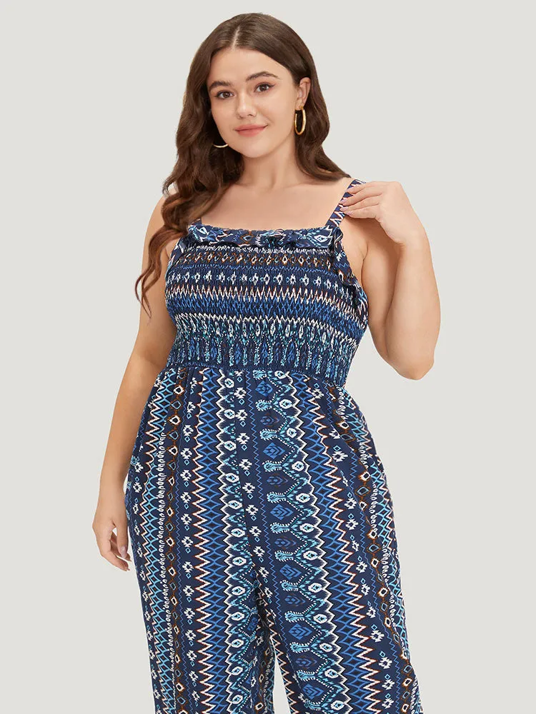 Boho Print Shirred Pocket Elastic Wais Ruffle Trim Cami Jumpsuit sold by Bloomchic product image thumbnail 2