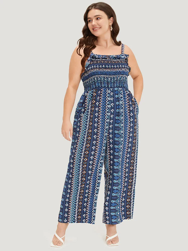 Boho Print Shirred Pocket Elastic Wais Ruffle Trim Cami Jumpsuit sold by Bloomchic product image thumbnail 3