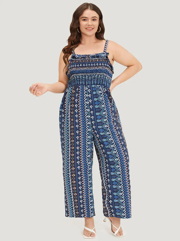 Boho Print Shirred Pocket Elastic Wais Ruffle Trim Cami Jumpsuit sold by Bloomchic product image thumbnail 4