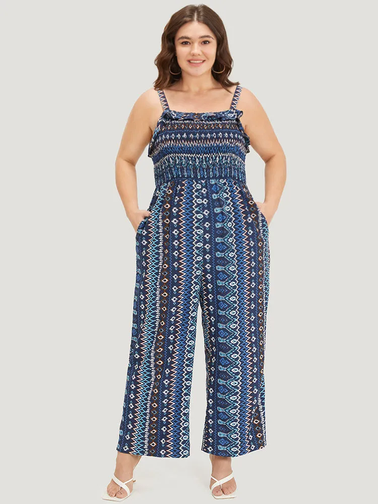 Boho Print Shirred Pocket Elastic Wais Ruffle Trim Cami Jumpsuit sold by Bloomchic