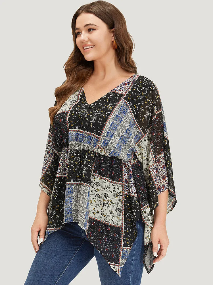 Bandana Print Patchwork Asymmetrical Hem Batwing Sleeve Blouse sold by Bloomchic product image thumbnail 3