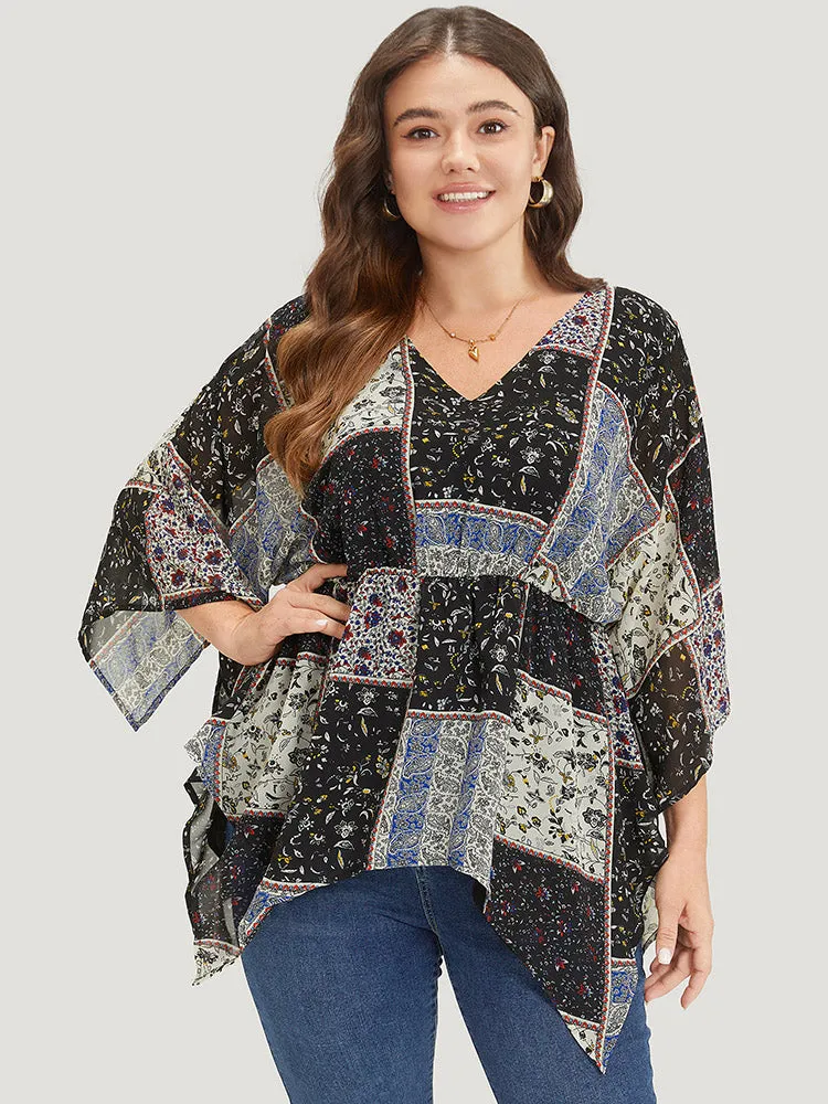 Bandana Print Patchwork Asymmetrical Hem Batwing Sleeve Blouse sold by Bloomchic product image thumbnail 2