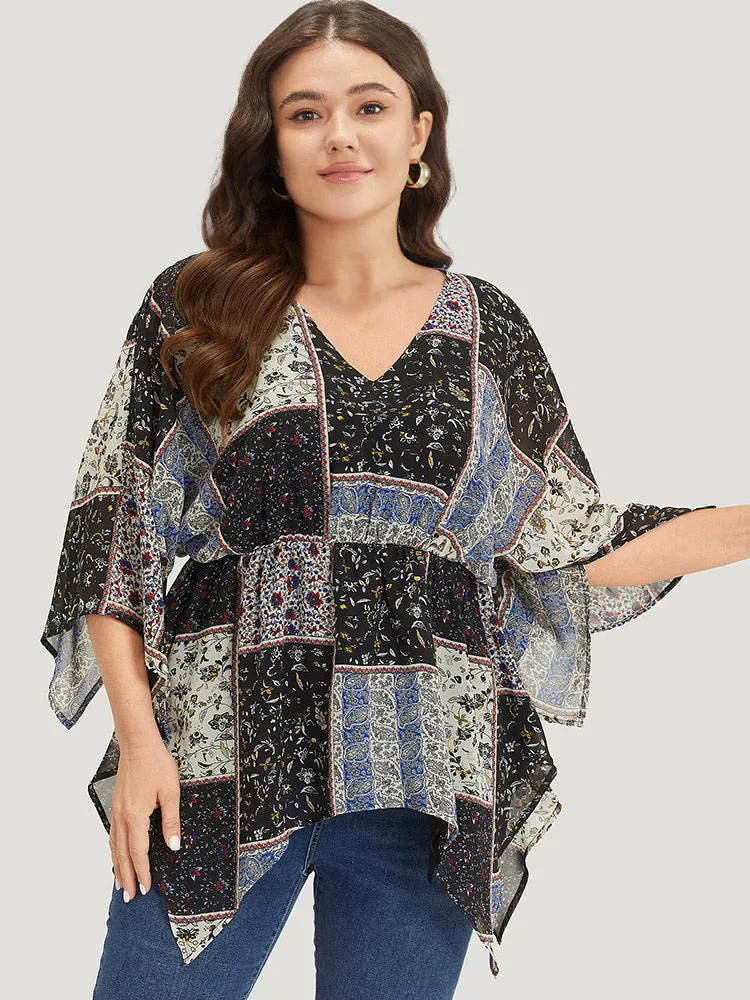 Bandana Print Patchwork Asymmetrical Hem Batwing Sleeve Blouse sold by Bloomchic