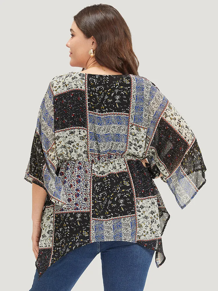 Bandana Print Patchwork Asymmetrical Hem Batwing Sleeve Blouse sold by Bloomchic product image thumbnail 5