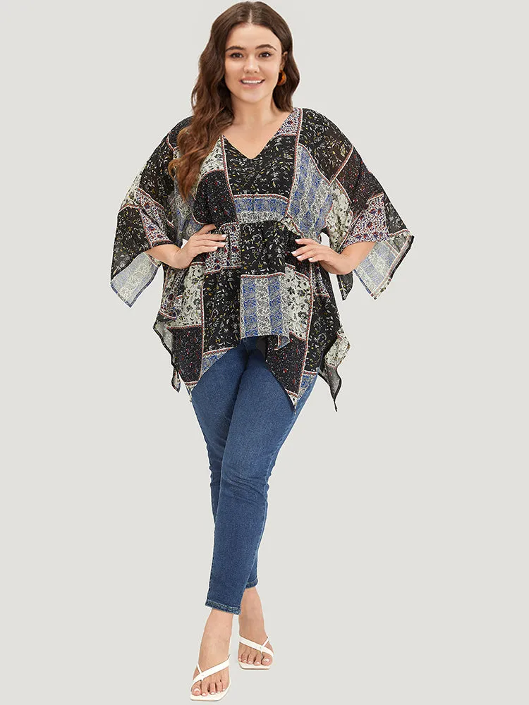 Bandana Print Patchwork Asymmetrical Hem Batwing Sleeve Blouse sold by Bloomchic product image thumbnail 4
