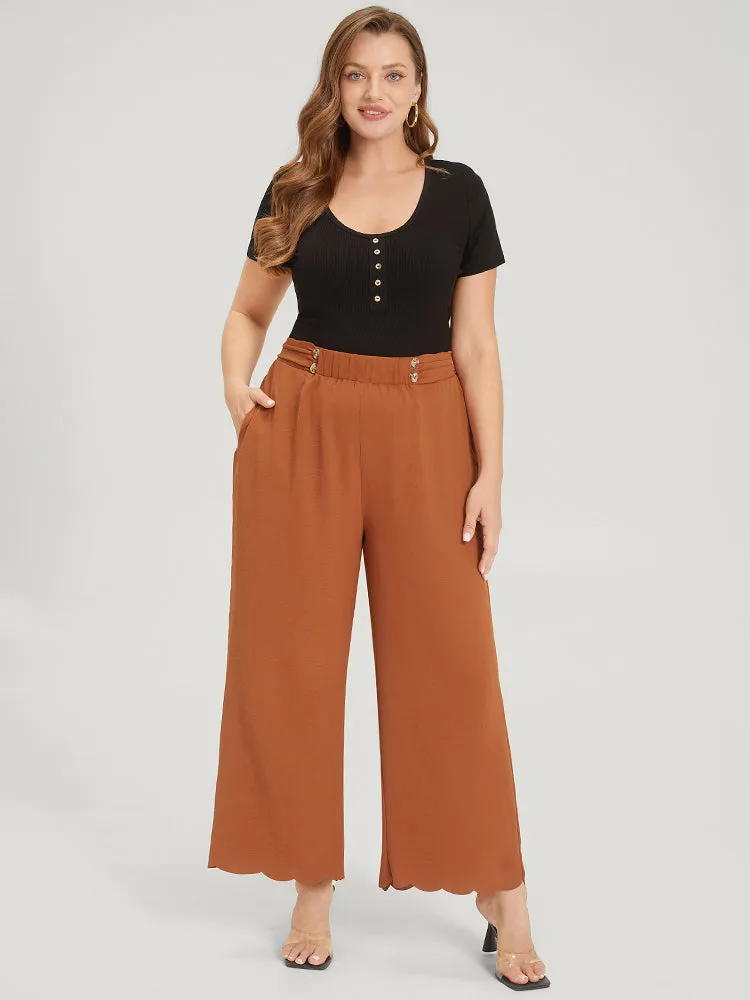 Solid Button Detail Ruched Pocket Scalloped Trim Pants sold by Bloomchic product image thumbnail 4