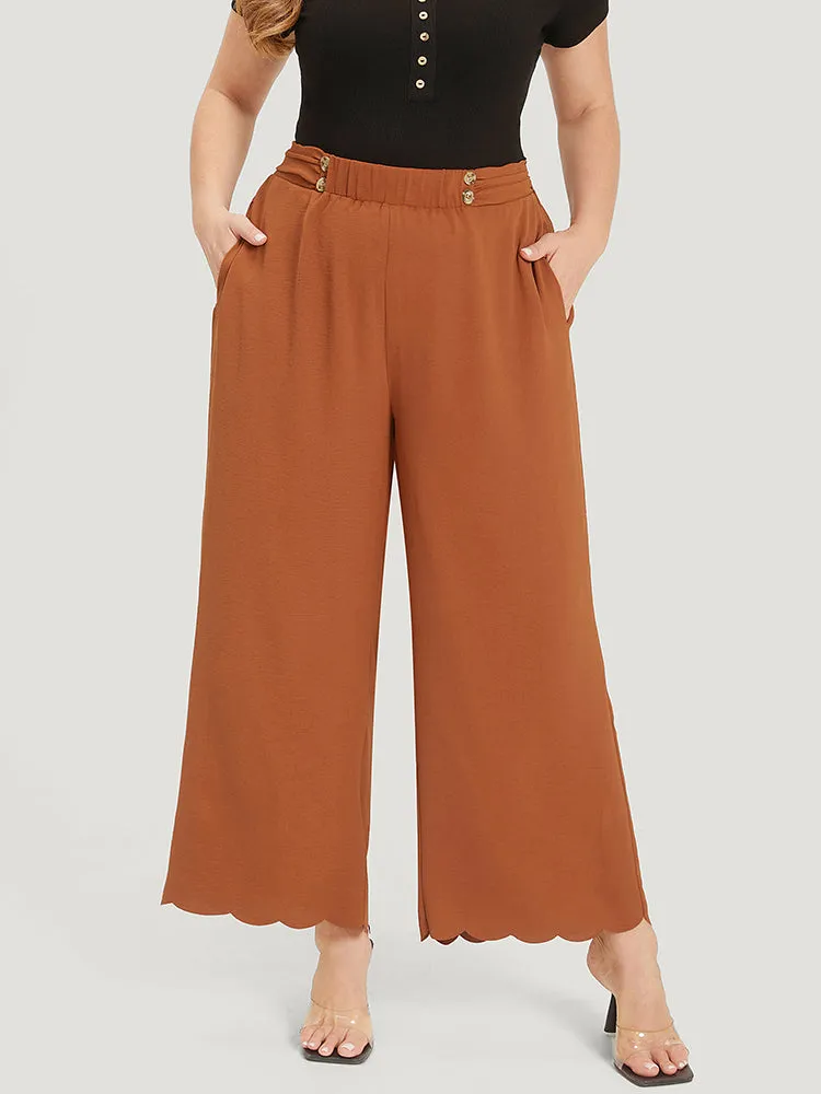 Solid Button Detail Ruched Pocket Scalloped Trim Pants sold by Bloomchic