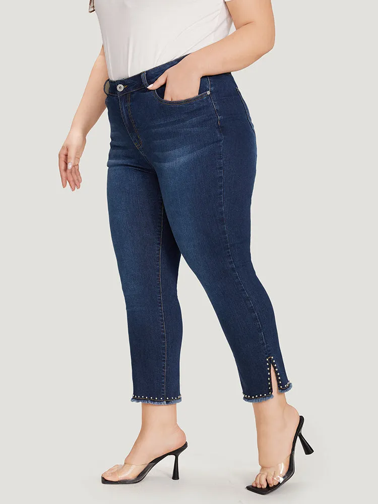 Plain Split Side Beaded Detail Dark Wash Jeans sold by Bloomchic