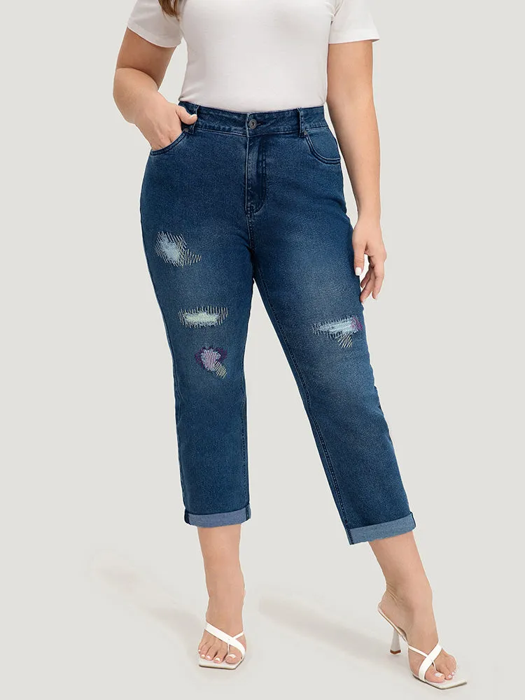 Ripped Embroidered Roll Hem Very Stretchy Jeans sold by Bloomchic