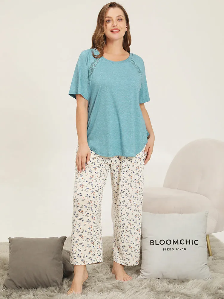 Contrast Lace Curved Hem Raglan Sleeve Sleep Top sold by Bloomchic product image thumbnail 3