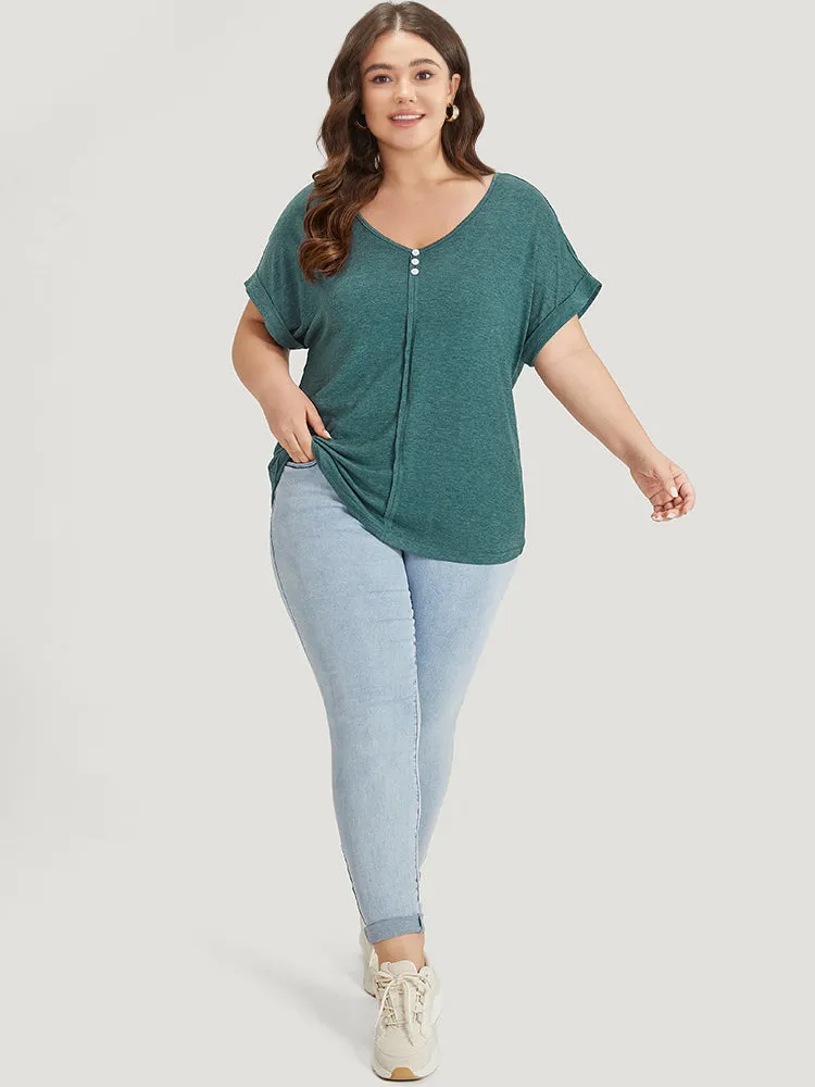 Plain V Neck Button Detail Roll Dolman Sleeve T-shirt sold by Bloomchic product image thumbnail 5