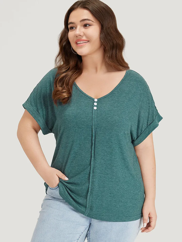 Plain V Neck Button Detail Roll Dolman Sleeve T-shirt sold by Bloomchic product image thumbnail 4