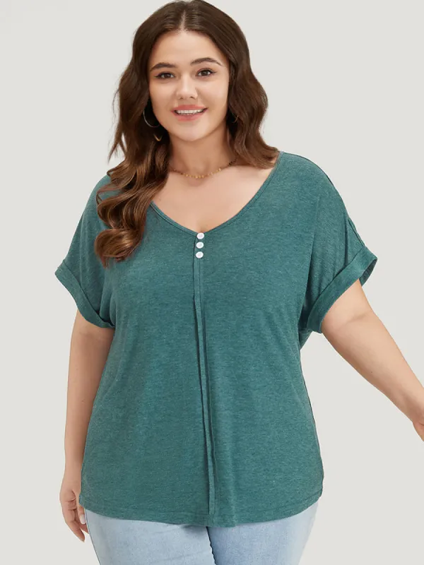 Plain V Neck Button Detail Roll Dolman Sleeve T-shirt sold by Bloomchic