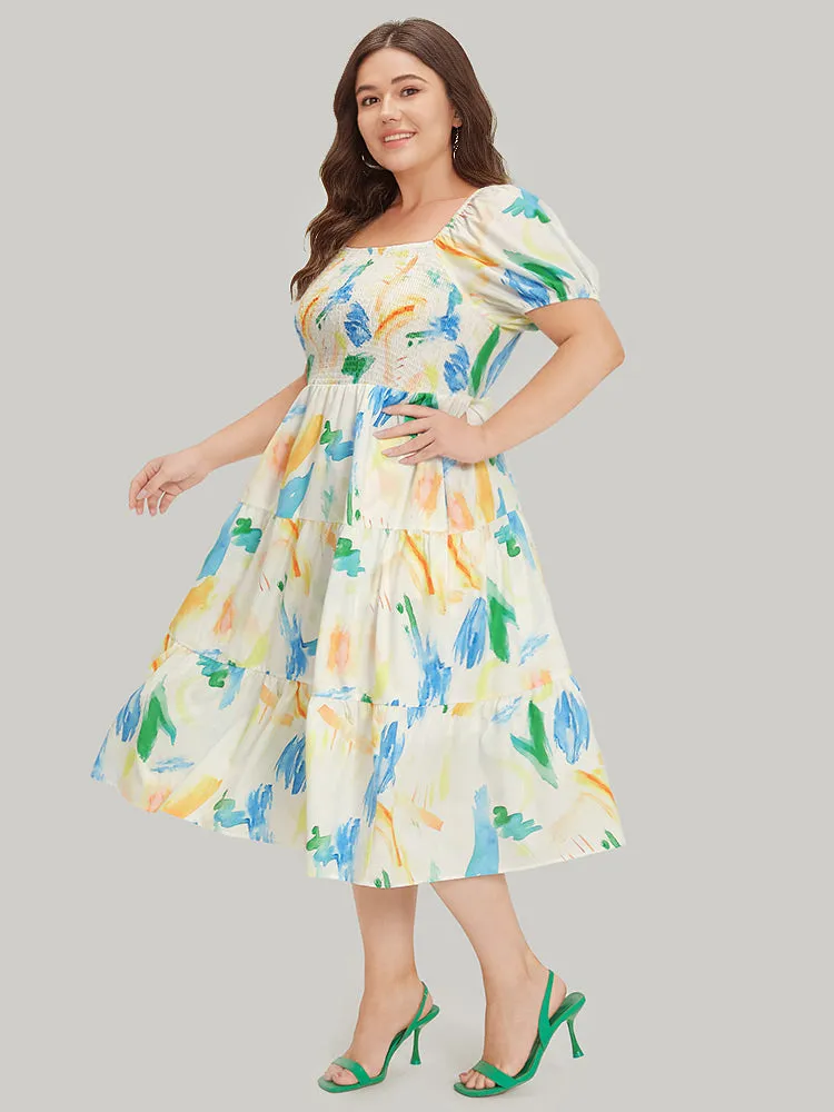 Colour Geometric Print Square Neck Shirred Puff Sleeve Dress sold by Bloomchic product image thumbnail 3