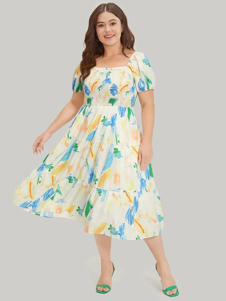 Colour Geometric Print Square Neck Shirred Puff Sleeve Dress sold by Bloomchic product image thumbnail 4