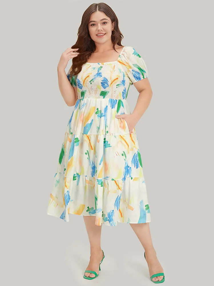 Colour Geometric Print Square Neck Shirred Puff Sleeve Dress sold by Bloomchic