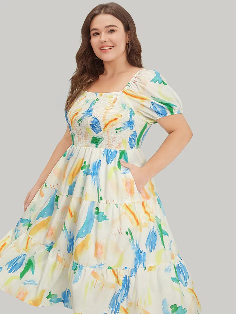 Colour Geometric Print Square Neck Shirred Puff Sleeve Dress sold by Bloomchic product image thumbnail 5