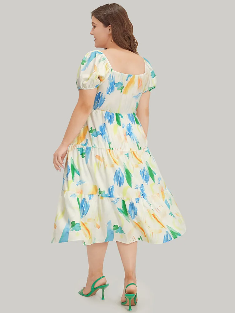Colour Geometric Print Square Neck Shirred Puff Sleeve Dress sold by Bloomchic product image thumbnail 2