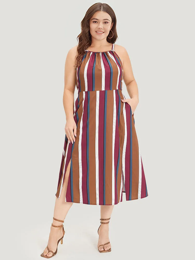Striped Bowknot Cut Out Split Hem Gathered Cami Dress sold by Bloomchic