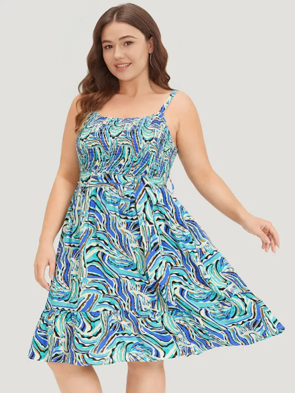 Water Ripple Print Shirred Pocket Belted Cami Dress sold by Bloomchic