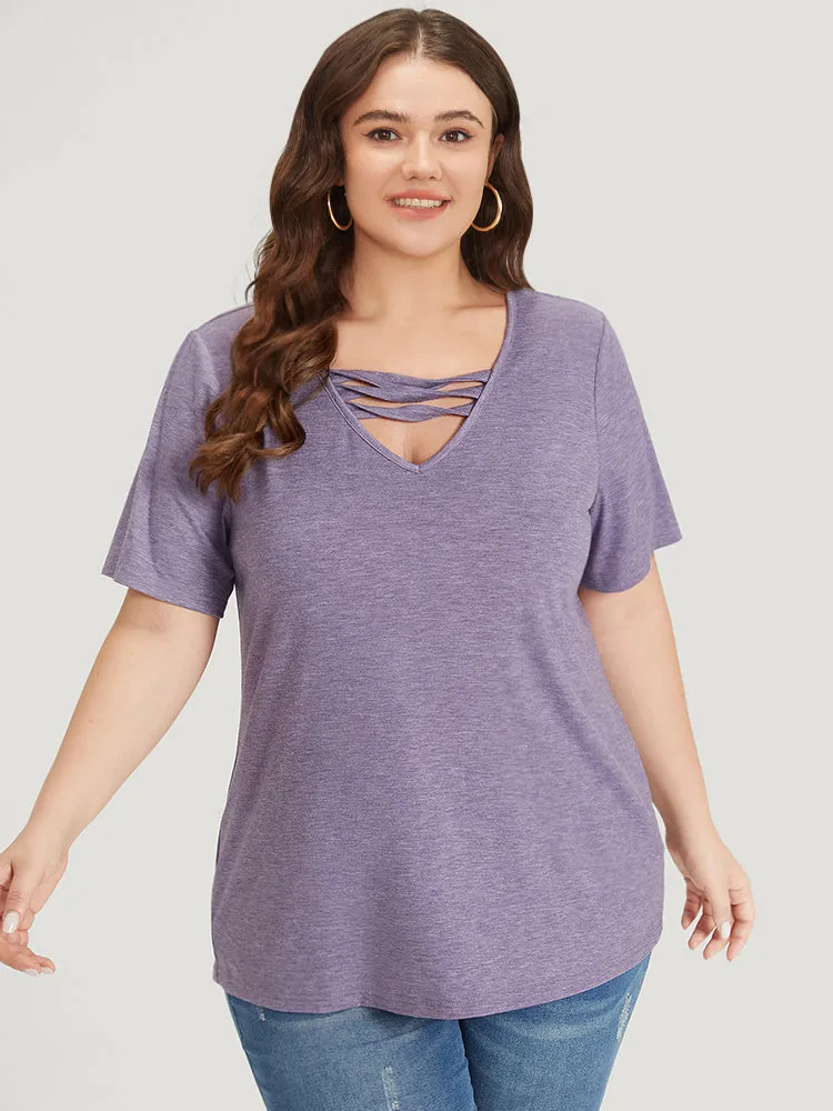 Plain Heather V Neck Cut Out Twist T-shirt sold by Bloomchic