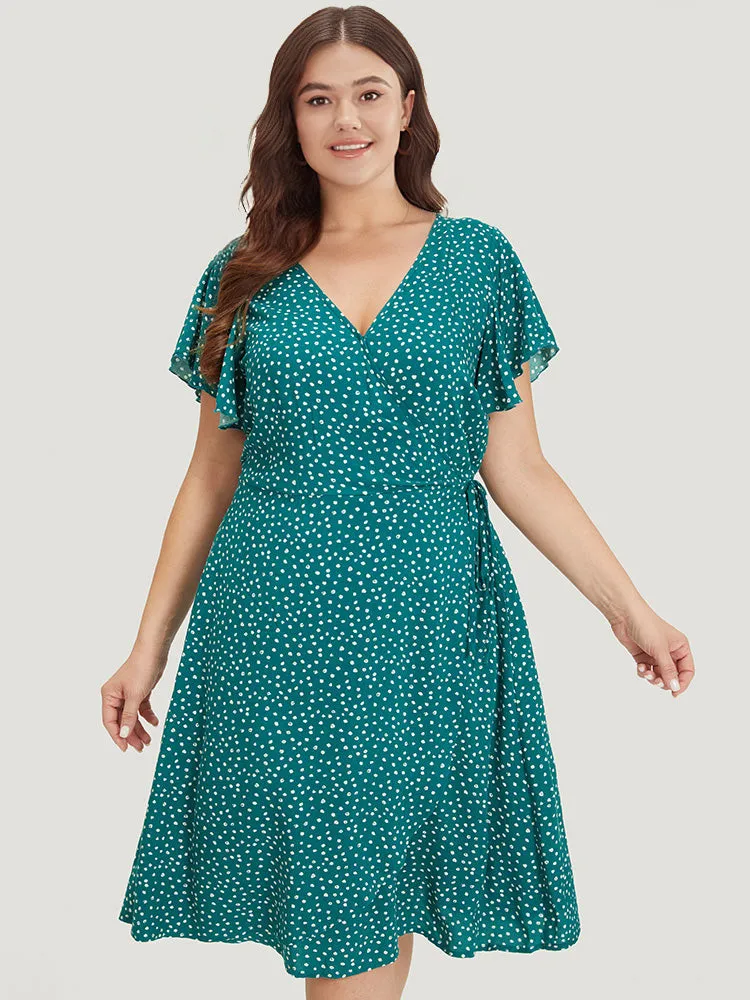 Polka Dot Ties Wrap Hem Ruffle Cap Sleeve Dress sold by Bloomchic