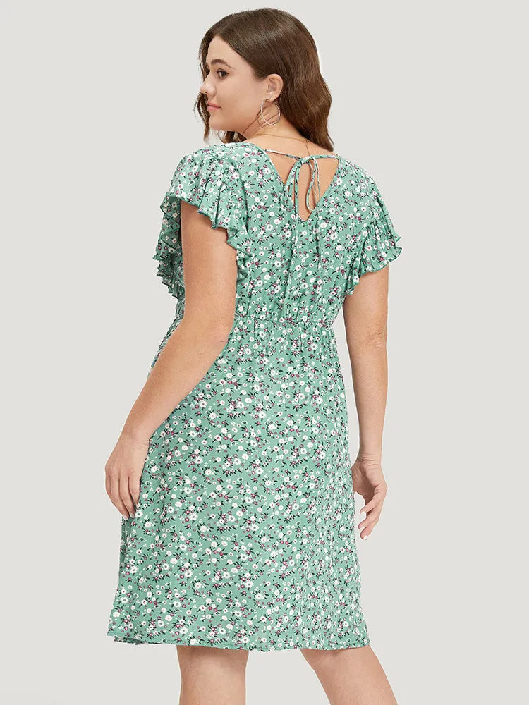 Ditsy Floral Ties Pocket Gathered Ruffle Cap Sleeve Dress sold by Bloomchic product image thumbnail 3