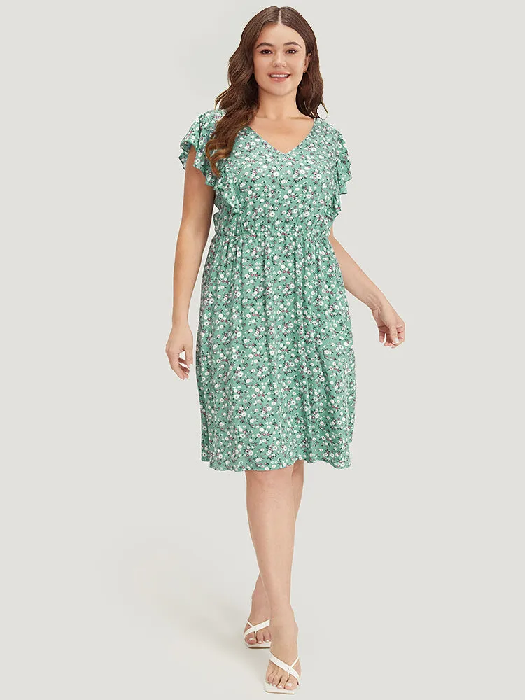 Ditsy Floral Ties Pocket Gathered Ruffle Cap Sleeve Dress sold by Bloomchic product image thumbnail 4