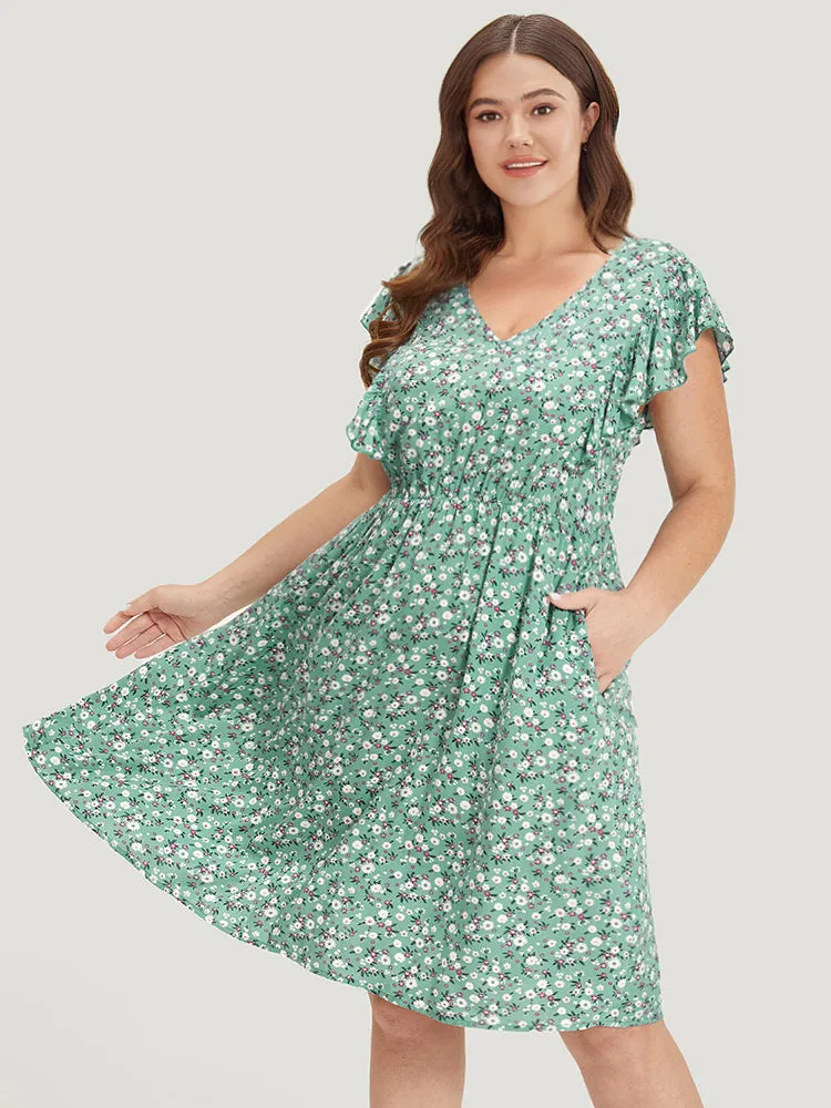Ditsy Floral Ties Pocket Gathered Ruffle Cap Sleeve Dress sold by Bloomchic