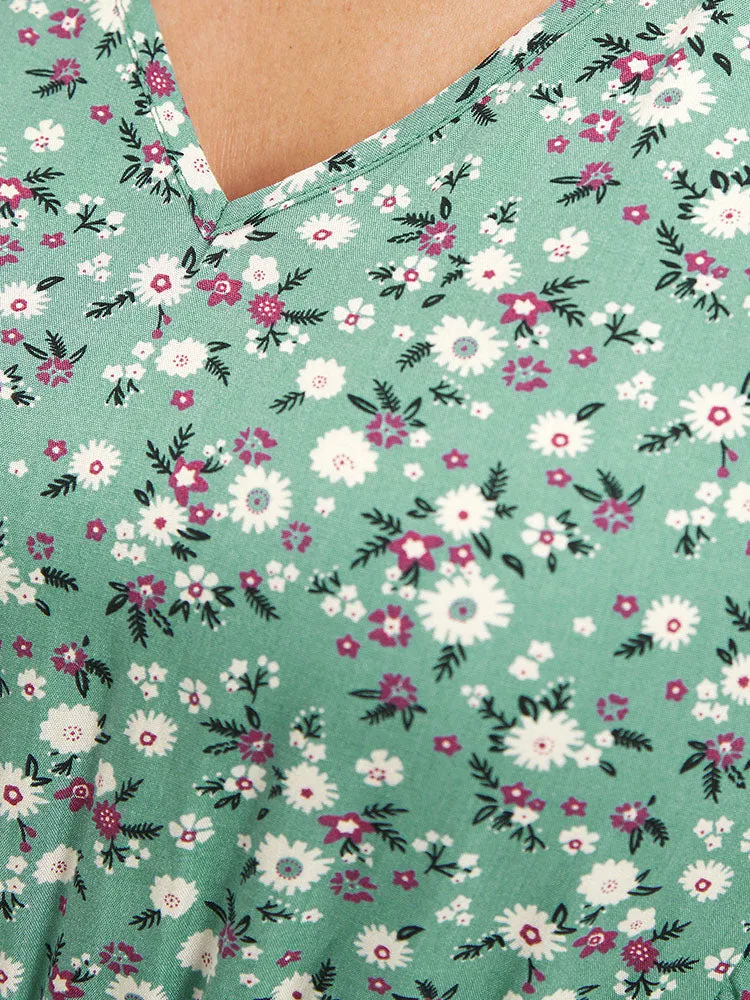 Ditsy Floral Ties Pocket Gathered Ruffle Cap Sleeve Dress sold by Bloomchic product image thumbnail 5