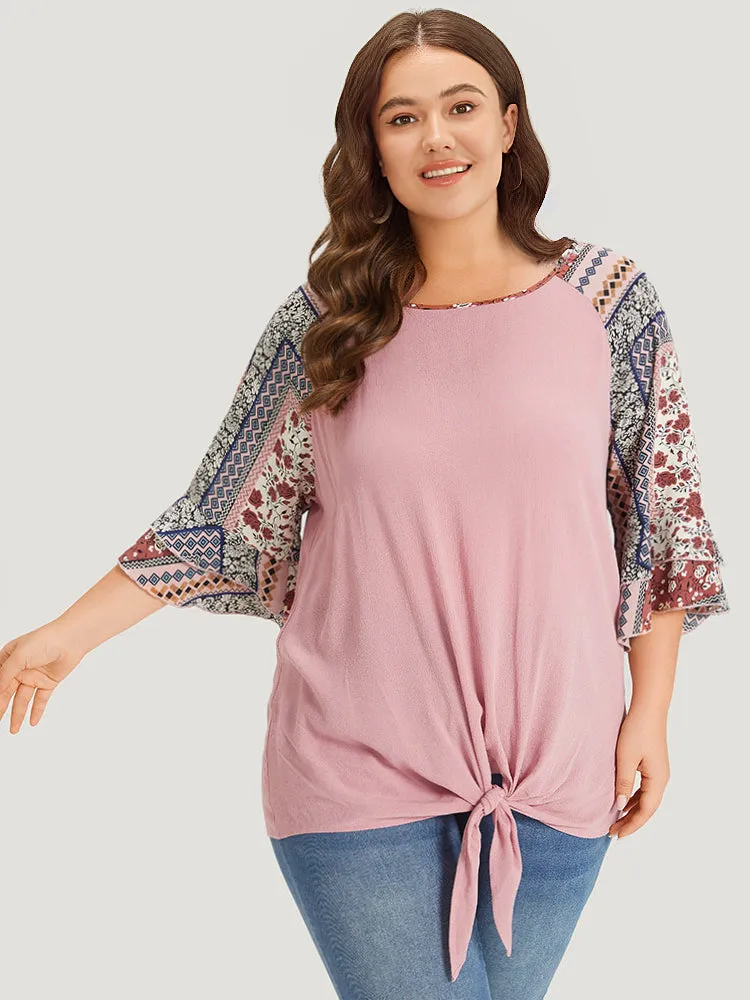 Bandana Patchwork Knotted Bell Sleeve Blouse sold by Bloomchic