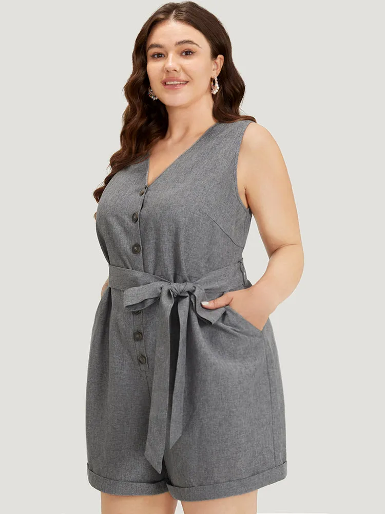 Plain Belted Button Through Roll Hem Tank Jumpsuit sold by Bloomchic