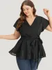 Plain Plisse Surplice Neck Belted Flutter Blouse sold by Bloomchic