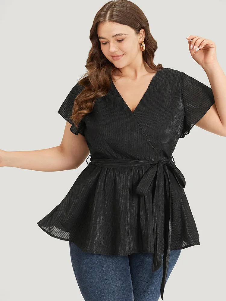 Plain Plisse Surplice Neck Belted Flutter Blouse sold by Bloomchic product image thumbnail 2