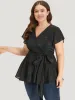 Plain Plisse Surplice Neck Belted Flutter Blouse sold by Bloomchic