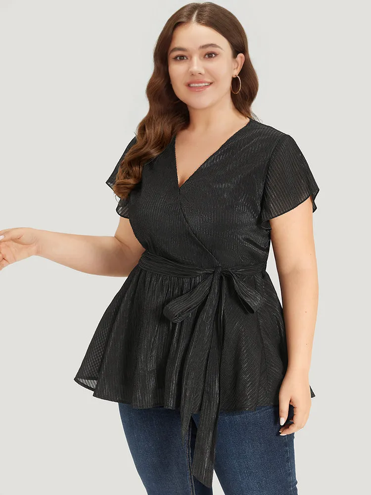 Plain Plisse Surplice Neck Belted Flutter Blouse sold by Bloomchic product image thumbnail 3