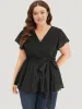 Plain Plisse Surplice Neck Belted Flutter Blouse sold by Bloomchic