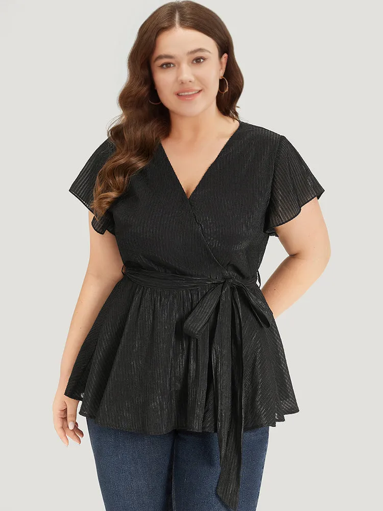 Plain Plisse Surplice Neck Belted Flutter Blouse sold by Bloomchic product image thumbnail 4
