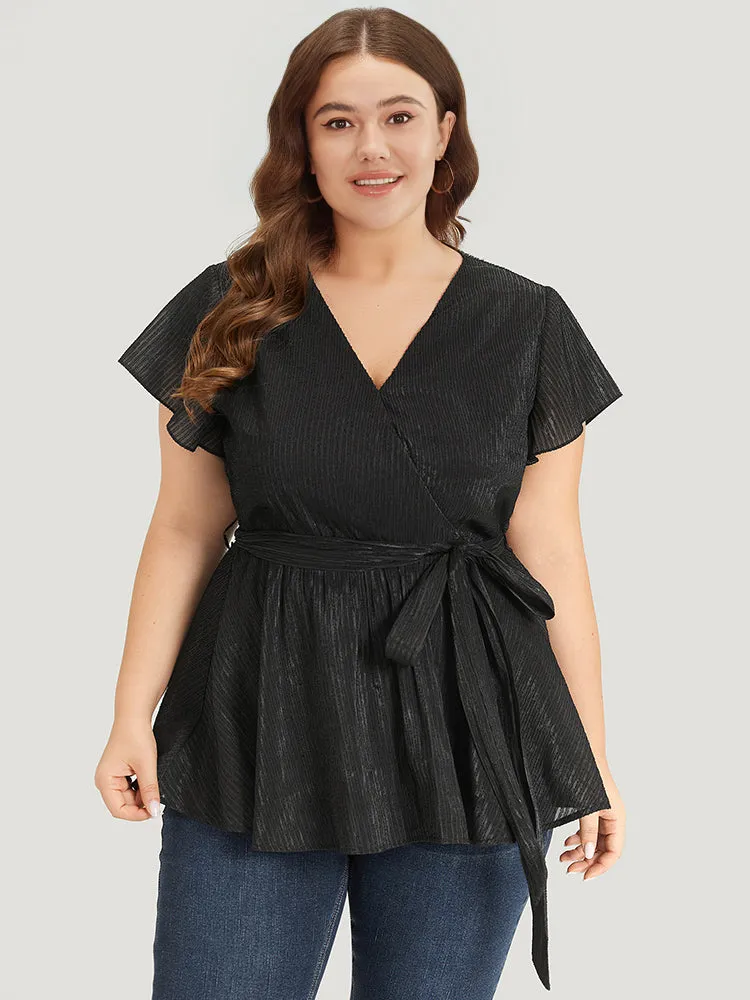 Plain Plisse Surplice Neck Belted Flutter Blouse sold by Bloomchic