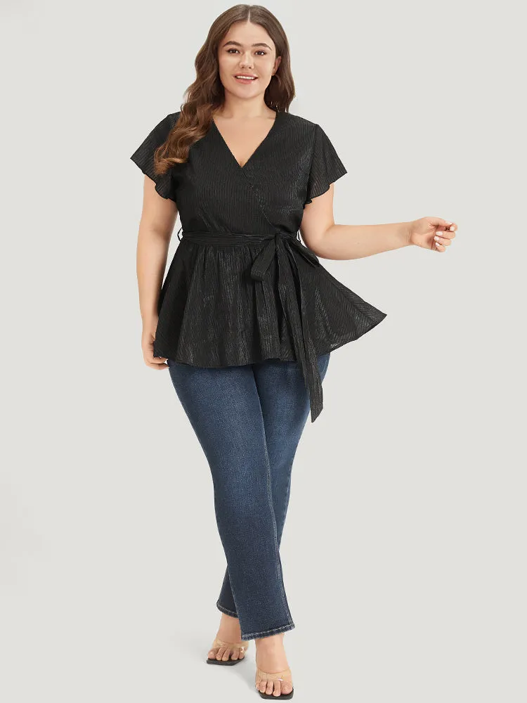 Plain Plisse Surplice Neck Belted Flutter Blouse sold by Bloomchic product image thumbnail 5