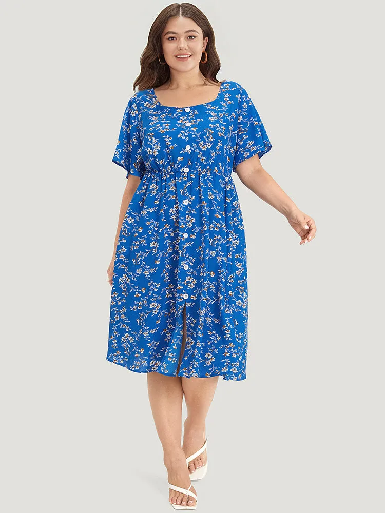 Floral Print Square Neck Button Detail Ruffle Split Front Dress sold by Bloomchic product image thumbnail 4