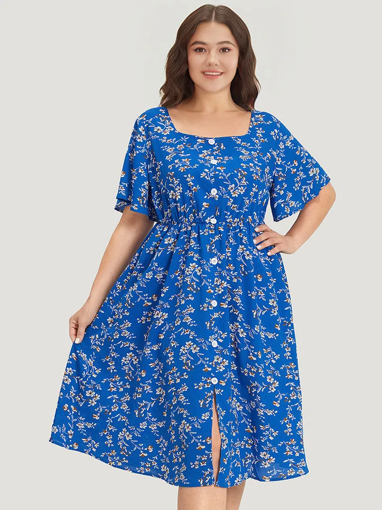 Floral Print Square Neck Button Detail Ruffle Split Front Dress sold by Bloomchic