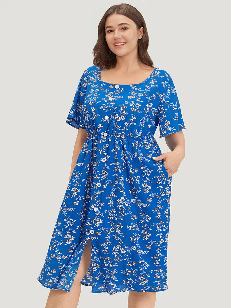 Floral Print Square Neck Button Detail Ruffle Split Front Dress sold by Bloomchic product image thumbnail 3