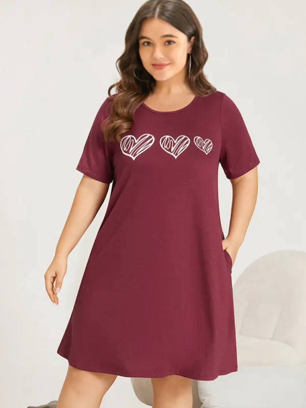 Heart Print Ruffle Hem Crew Neck Sleep Dress sold by Bloomchic