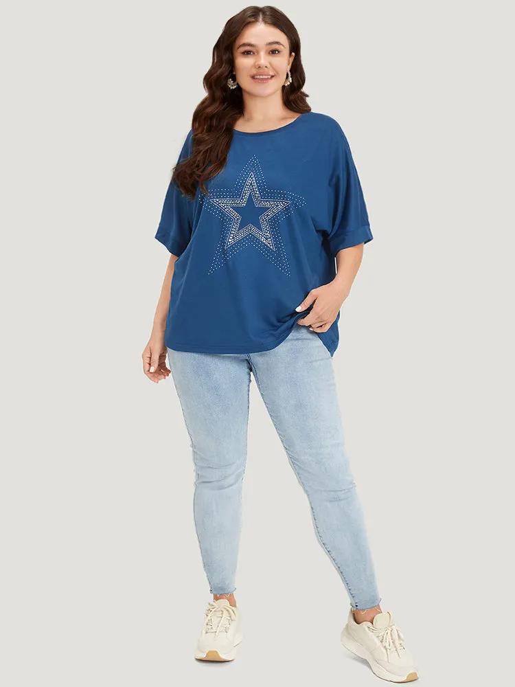 Star Rhinestone Crew Neck Roll Batwing Sleeve T-shirt sold by Bloomchic product image thumbnail 5