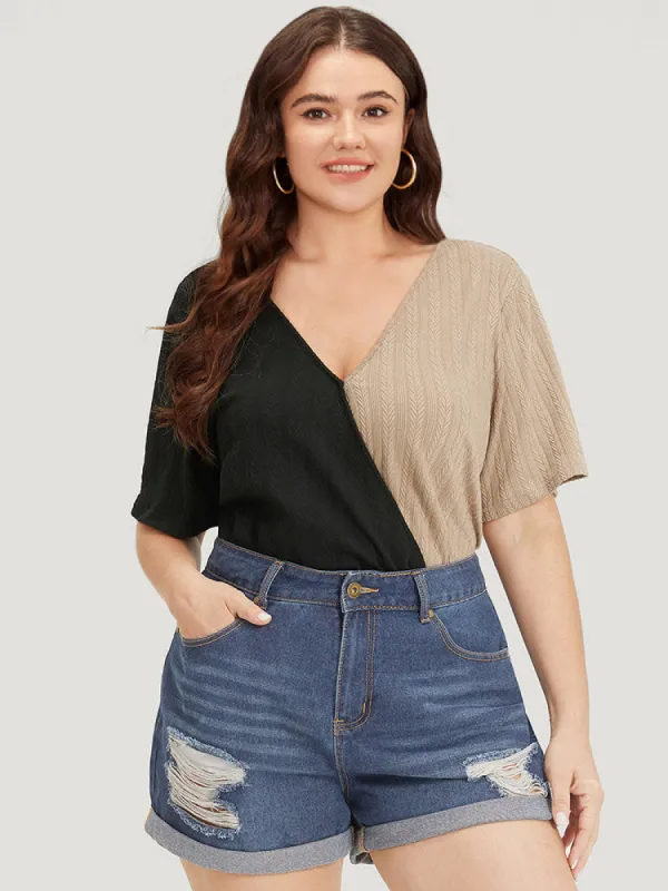 Plain Textured Colorblock Contrast Patchwork Bodysuit sold by Bloomchic