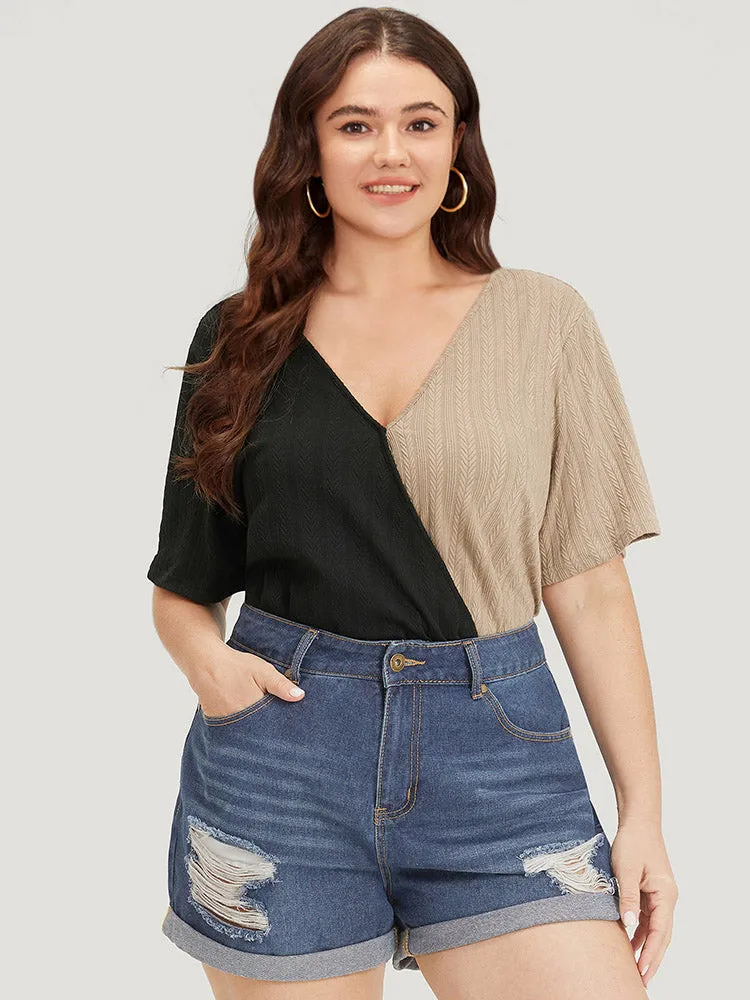 Plain Textured Colorblock Contrast Patchwork Bodysuit sold by Bloomchic